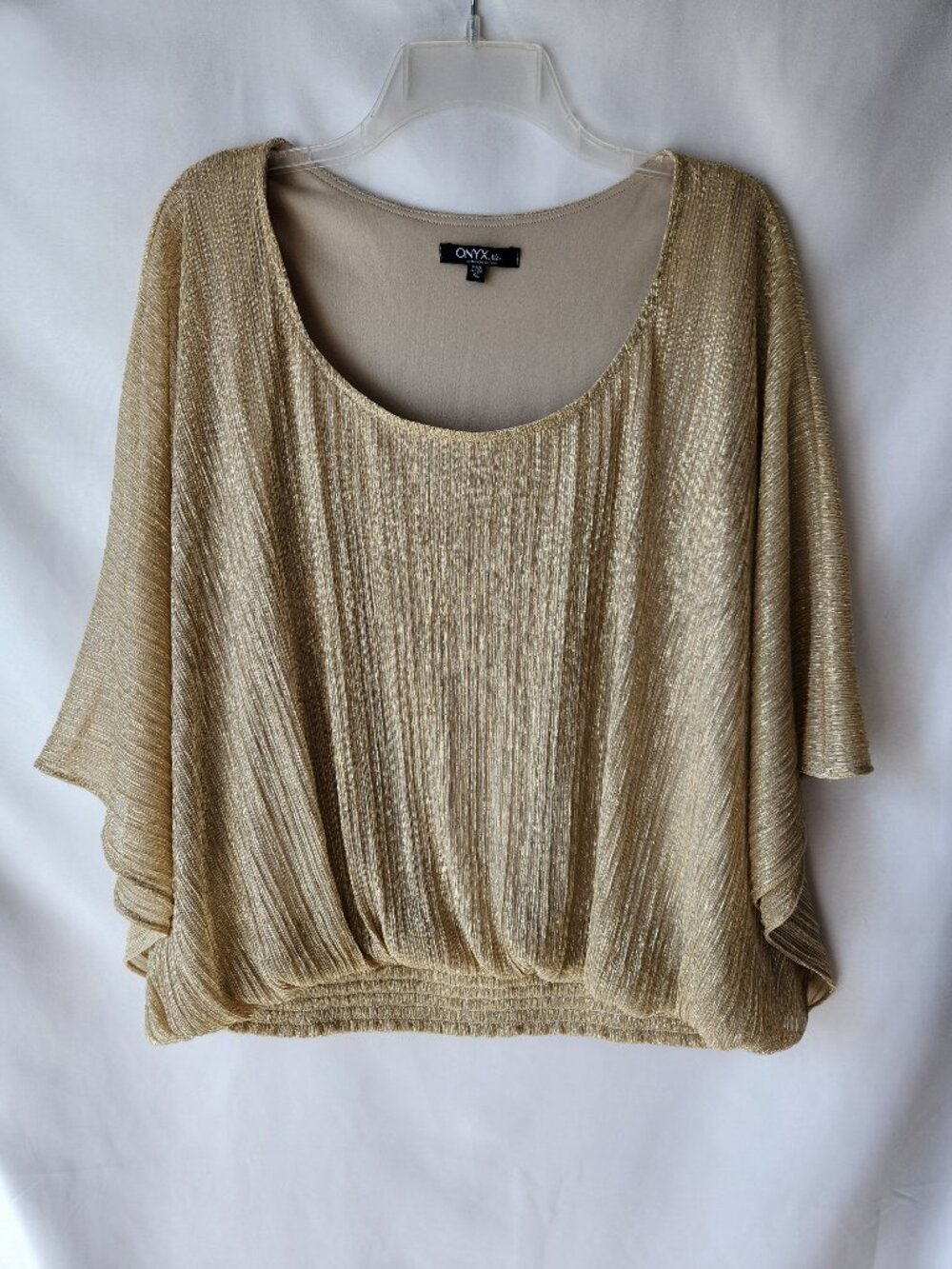 Onyx Nite Gold Metalic Blouse Smocked Waist Sheer Sleeve Lined Size XL